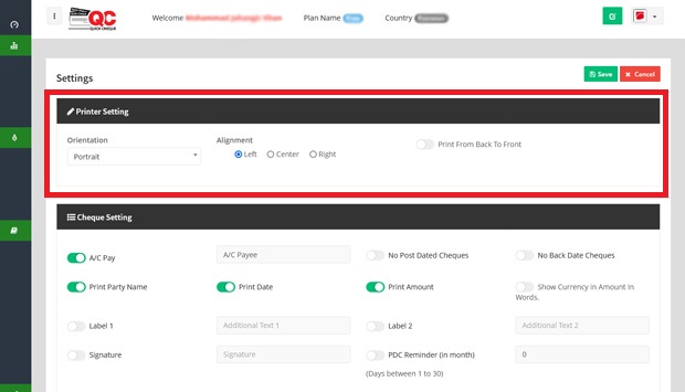 Quick Cheque Printer Setting