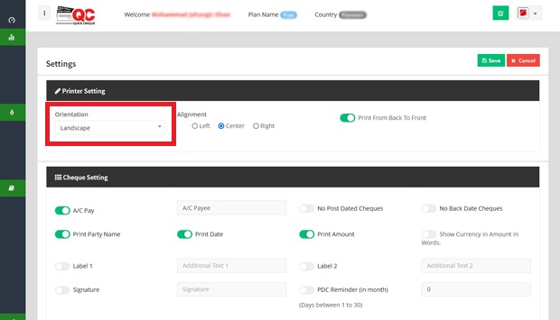 Quick Cheque Setting Orientation Landscape